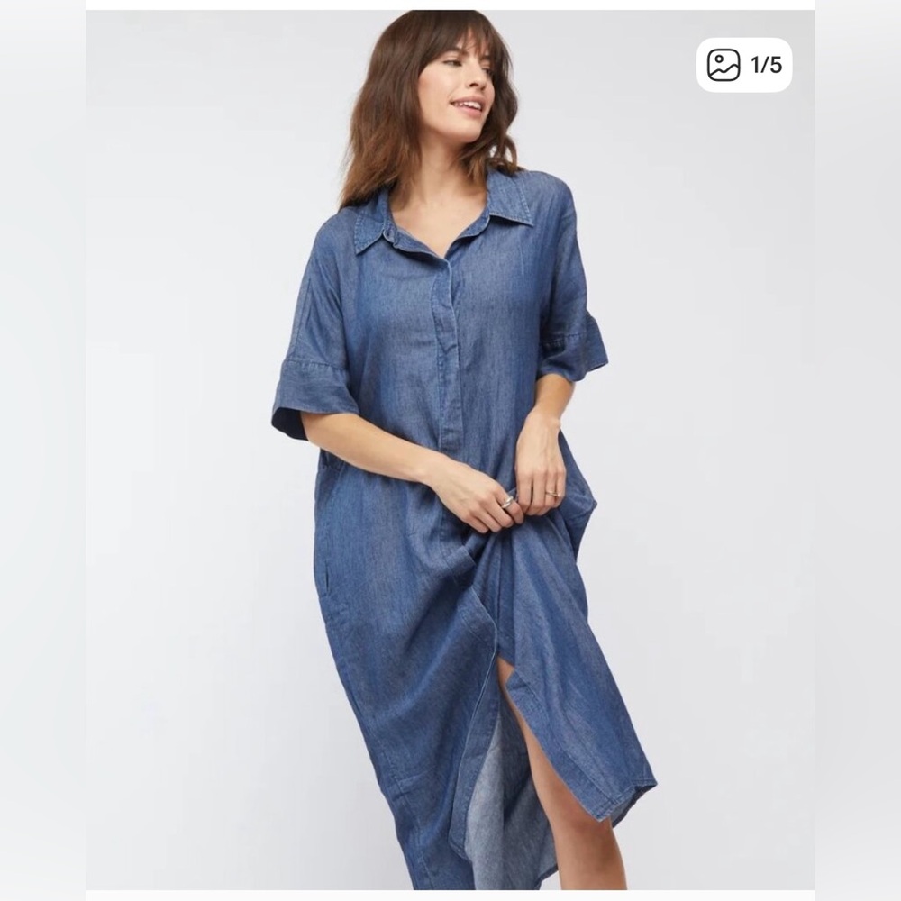 Vtg- USA Retro Chambray Garden Girl Denim Classic Prairie Button Down Midi